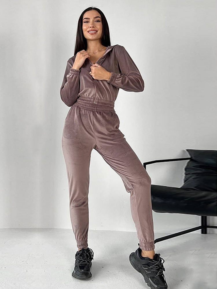 Damen Sportliches Fleece-Loungewear-Set mit Kapuze und tailliertem Schnitt EB