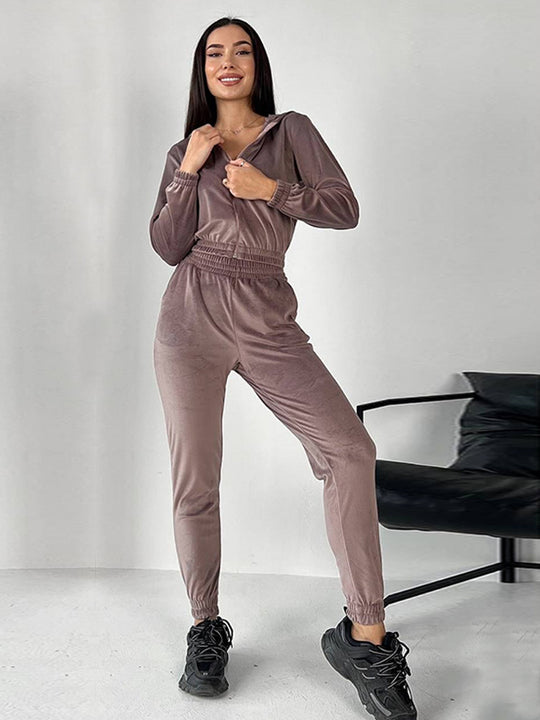 Damen Sportliches Fleece-Loungewear-Set mit Kapuze und tailliertem Schnitt EB