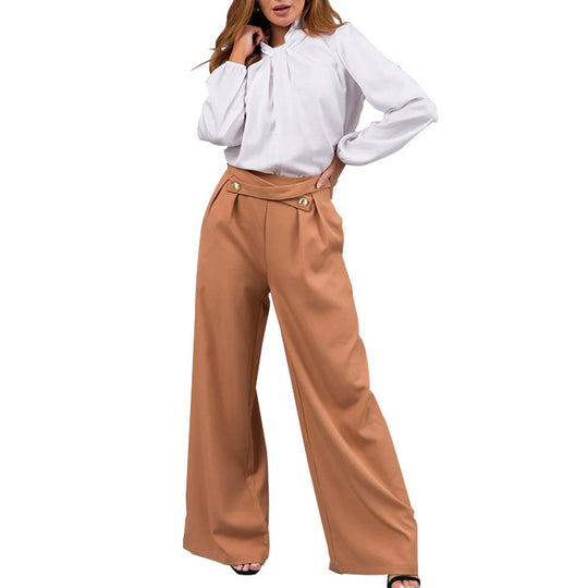 Damen elegante Bluse mit Bogenkragen und weiten Hose EB