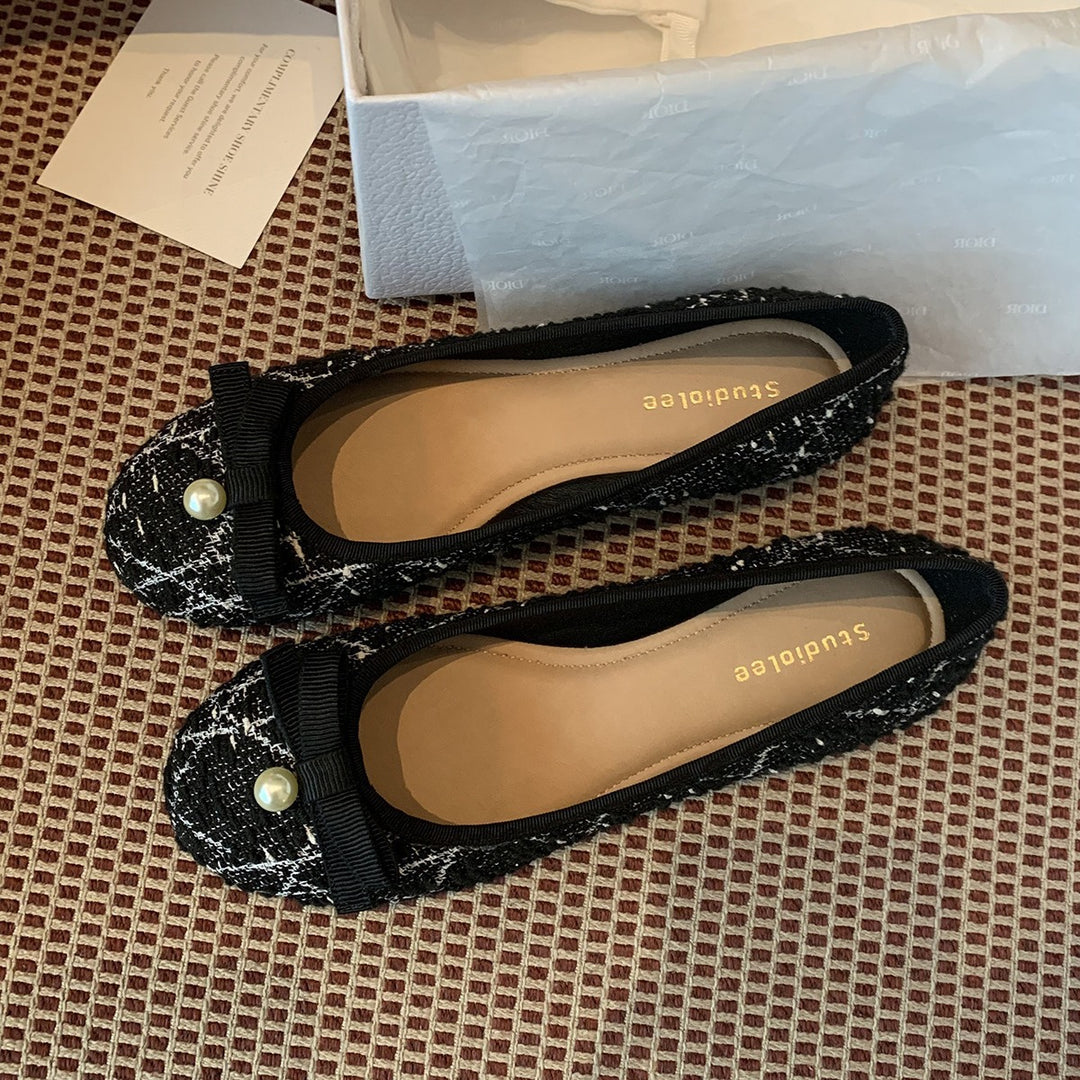 Damen Ballerina mit trendigem Tweed-Obermaterial und elegantem Perlenakzent EB