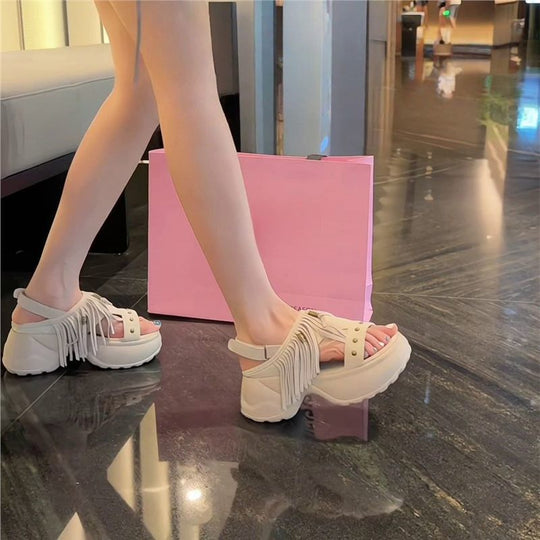 Damen Plateau-Sandalen mit fransiger Verzierungen EB