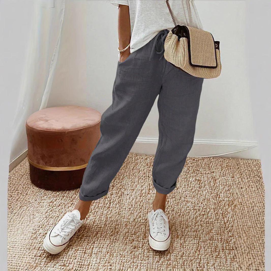 Damen Lässige Leinen-Hose mit elastischem Bund und praktischen Taschen EB