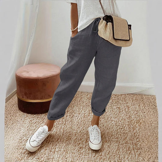 Damen Lässige Leinen-Hose mit elastischem Bund und praktischen Taschen EB