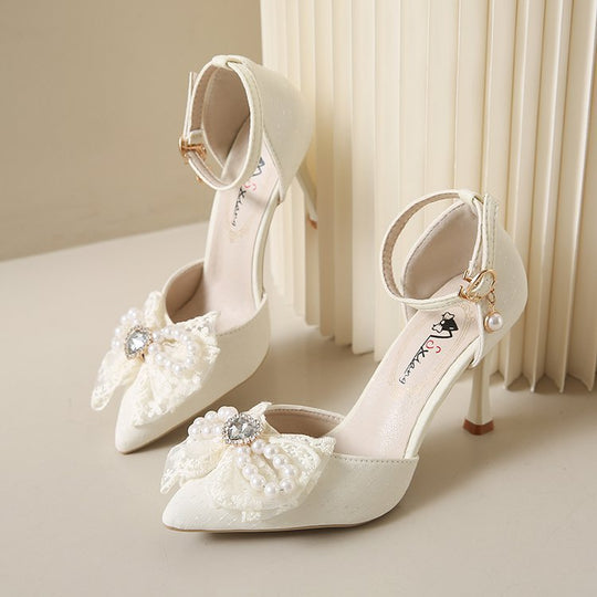 Damen elegante Mary Jane Pumps mit funkelndem Schleifen- und Perlenakzenten EB