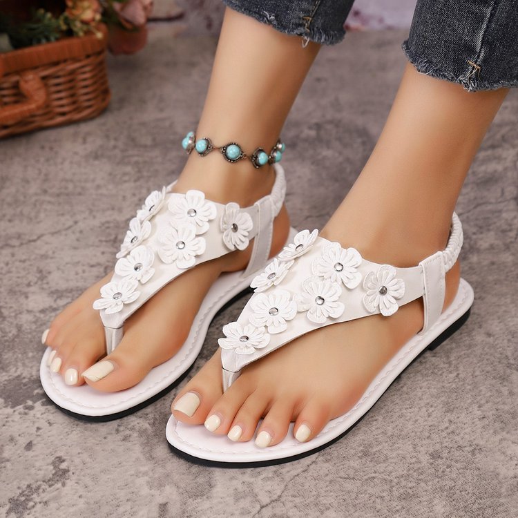 Damen Zehentrenner-Sandalen mit eleganten Blumenapplikationen und komfortablem Fußbett EB