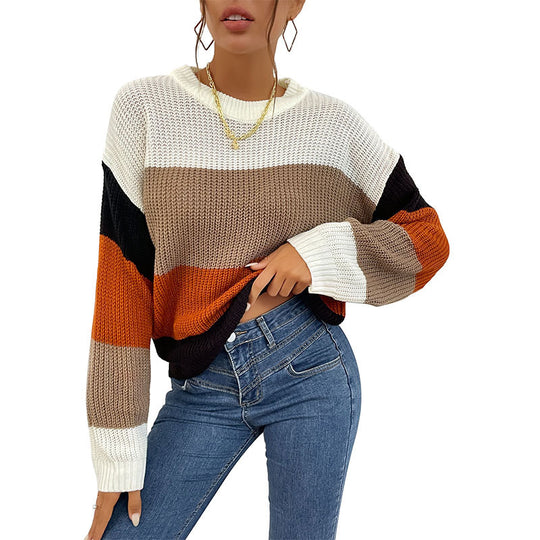 Damen gemütlicher Pullover mit modernem Blockstreifenmuster EB
