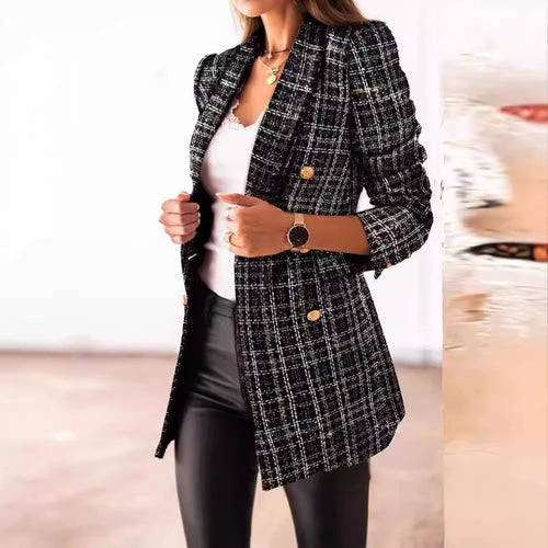 Damen nan taillierter kariert langer Blazer mit Doppelreiher und Schulterpolstern EB