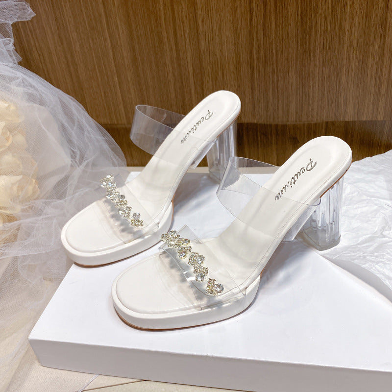 Damen transparente Mules mit funkelndem Strass-Riemchen EB