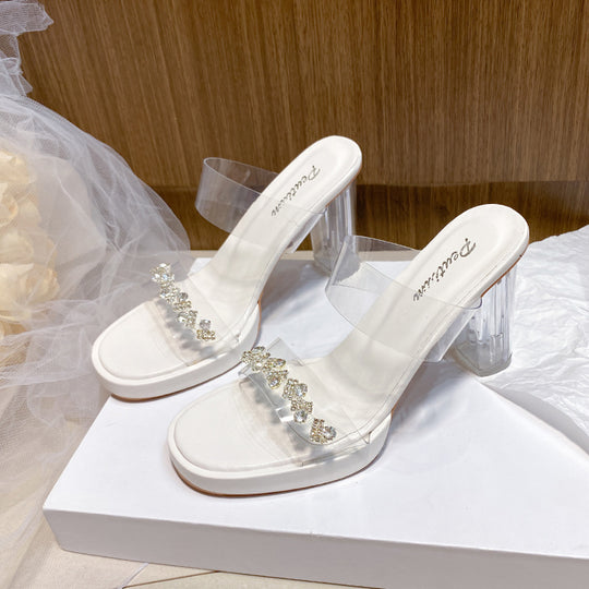 Damen transparente Mules mit funkelndem Strass-Riemchen EB