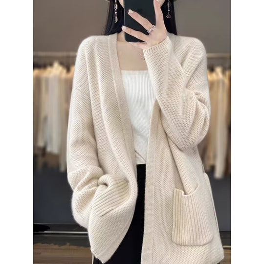 Damen bequeme Strickjacke mit Taillengürtel und Taschen EB