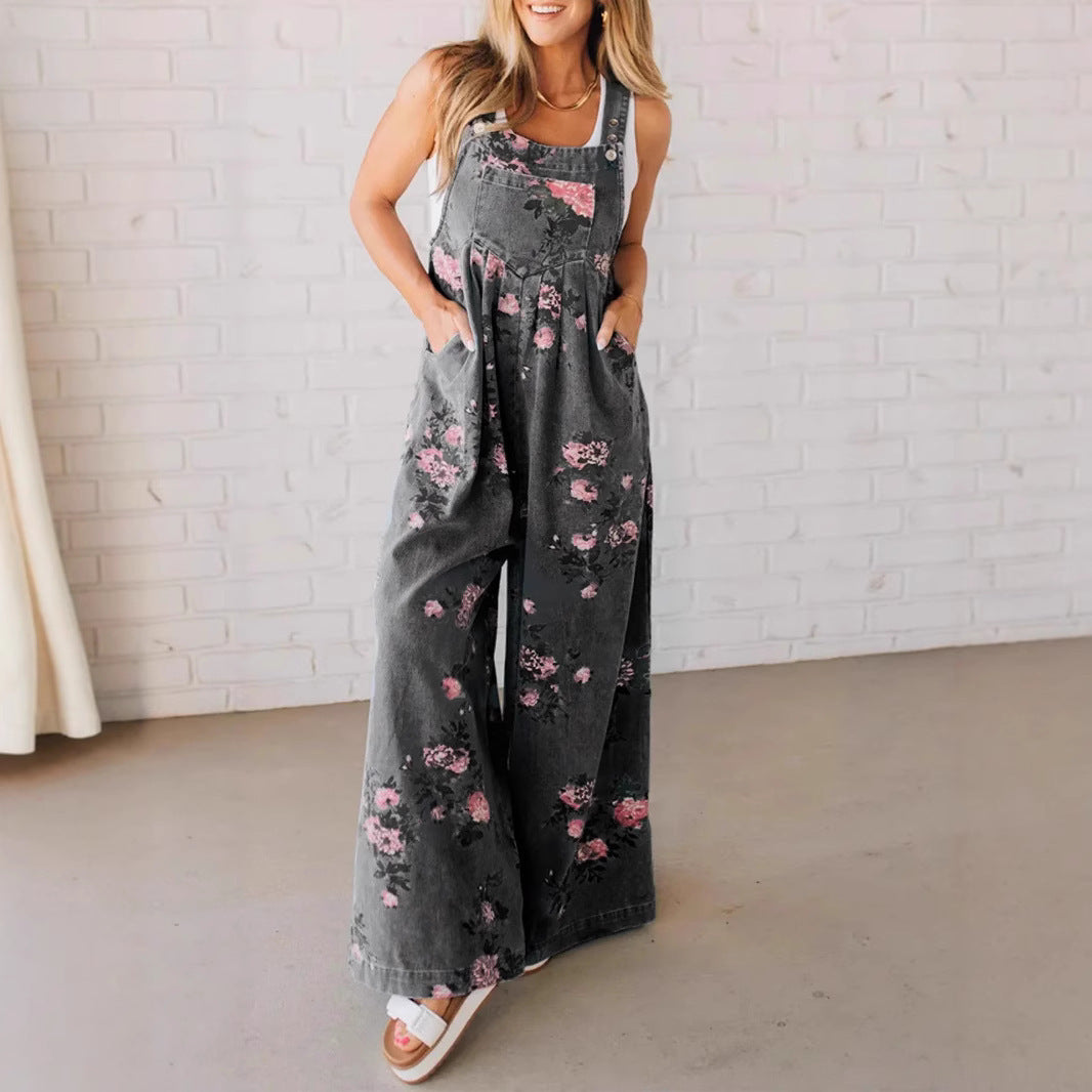 Damen Lässiger Denim-Hosenanzug mit floralem Print und weiten Beinen EB