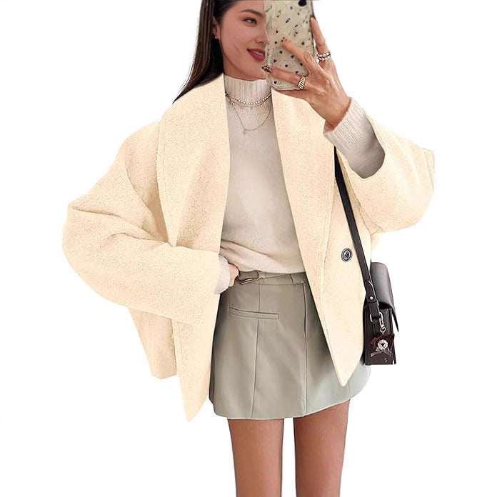 Damen nan oversized Teddyjacke mit großem Schalkragen und Ein-Knopf-Verschluss EB