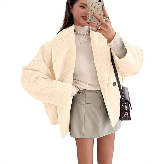 Damen nan oversized Teddyjacke mit großem Schalkragen und Ein-Knopf-Verschluss EB
