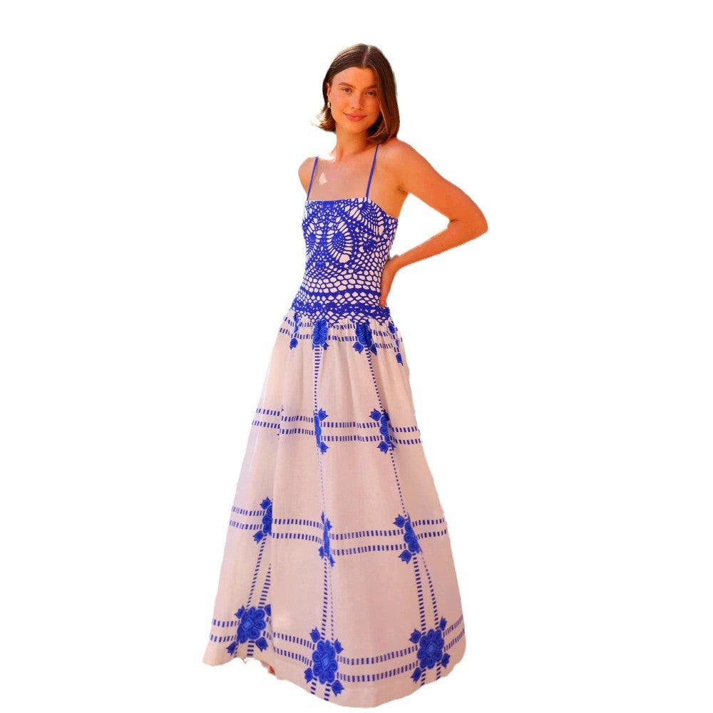 Damen Maxikleid mit innovativem Häkel-Oberteil und fließendem Rock EB