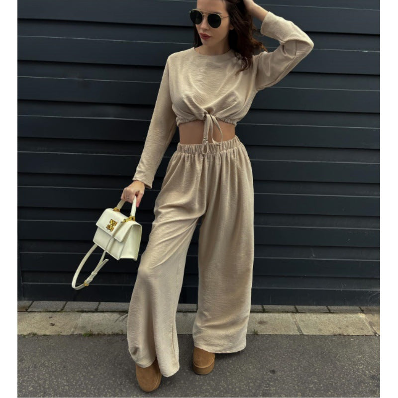 Damen Stylishes Zweiteiler-Set mit raffinierter Crop-Bluse und weiter Hose EB