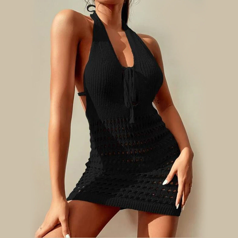 Damen gehäkeltes Strandkleid mit tiefem V-Ausschnitt und raffinierten Cut-Out-Details EB