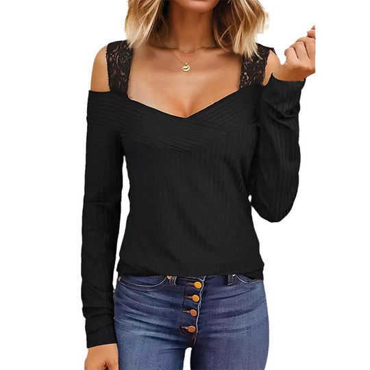 Damen Schulterfreies Langarmshirt mit V-Ausschnitt und Spitzen-Trägern EB