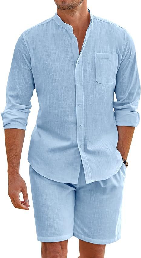 Herren nan Leinenoptik-Zweiteiler mit Stehkragen-Hemd, Brusttasche und legeren Shorts EB