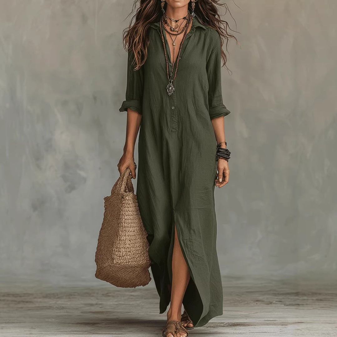 Damen Langes Hemdkleid mit Knopfverschluss und seitlichem Schlitz EB