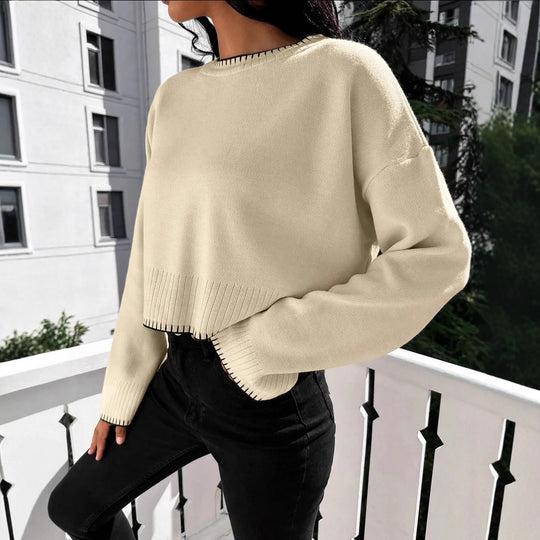 Damen lässiger Strickpullover mit geripptem Saum und überschnittenen Schultern EB