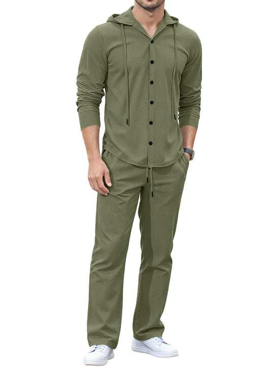 Herren Lässiges Knopf‑Hoodie Lounge‑Set aus Jersey mit Kordelzug und Komfort‑Jogger EB