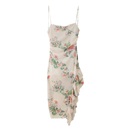 Damen Maxikleid mit floralem Rüschendetail und asymmetrischem Saum EB