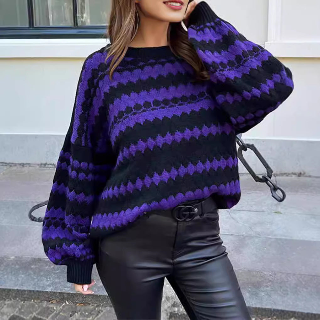 Damen gemütlicher Strickpullover mit modernem Zopfmuster und grafischen Akzenten EB