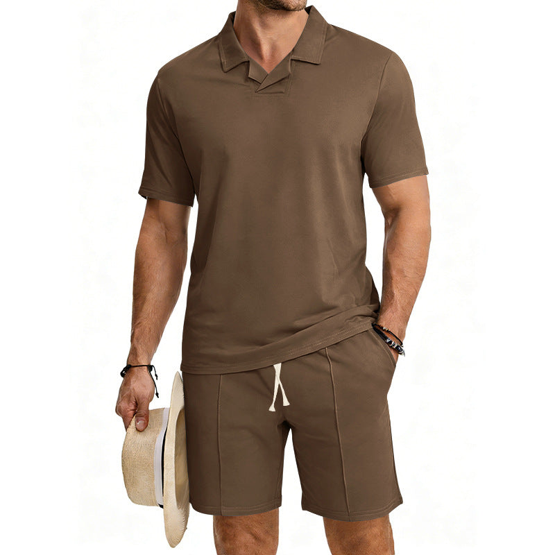 Herren nan kurzärmeliges Polo-Lounge-Set mit V-Einsatz am Kragen und Kordelzug-Bermuda EB