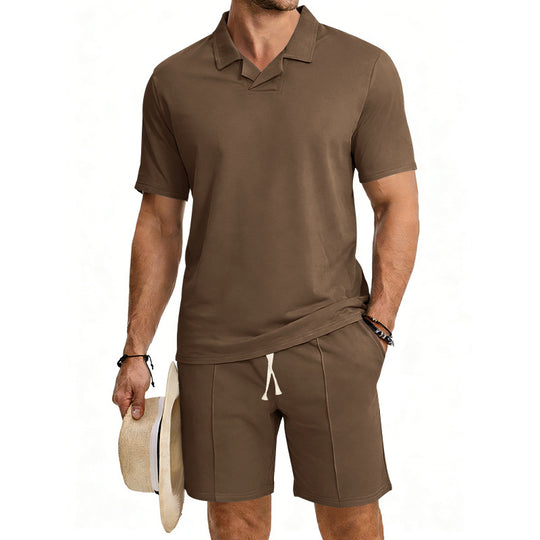 Herren nan kurzärmeliges Polo-Lounge-Set mit V-Einsatz am Kragen und Kordelzug-Bermuda EB