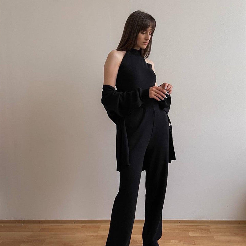 Damen elegantes Strick-Lounge-Set mit hohem Kragen und weiter Passform EB