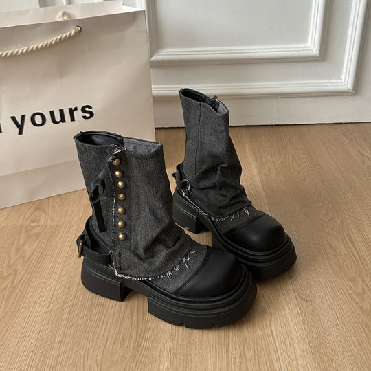 Damen Modische Chunky Stiefeletten mit dekorativem Riemen und robustem Profil EB