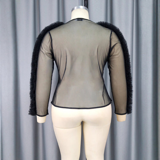 Damen transparente Bluse mit voluminösen Rüschen EB
