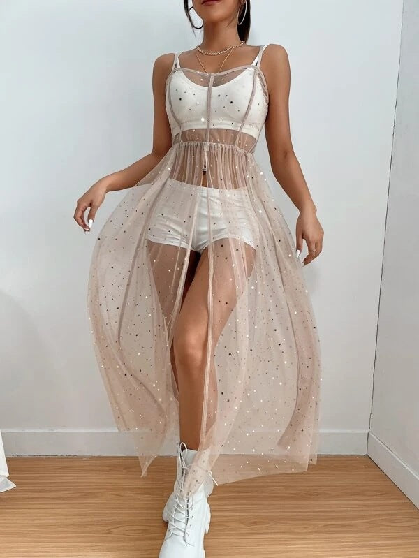 Damen Transparente Abendrobe mit funkelnden Akzenten und femininer Passform EB