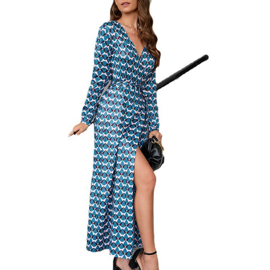 Damen Wickelkleid mit grafischem Muster und langem Schnitt EB
