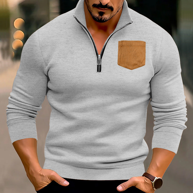 Herren sportlicher Pullover mit halbem Reißverschluss und kontrastierender Brusttasche EB
