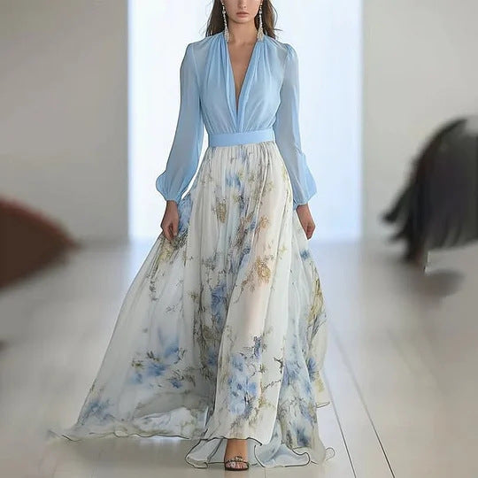 Damen nan fließendes Chiffon-Maxikleid mit tiefem V-Ausschnitt, tailliertem Bund und langem Glockenrock EB