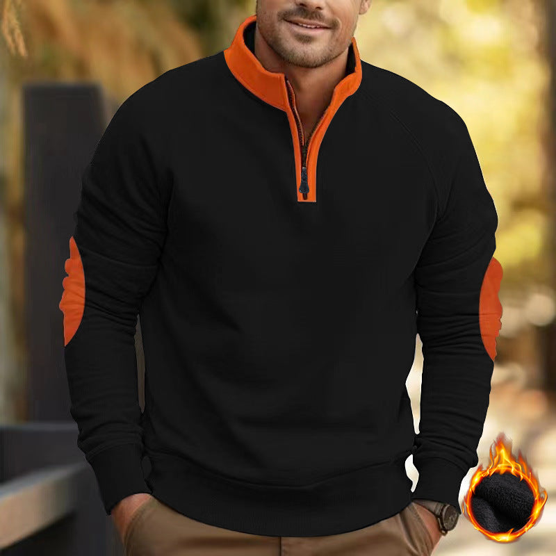Herren nan Zip-Pullover mit Stehkragen, halbem Reißverschluss und verstärkten Ellbogenpatches EB