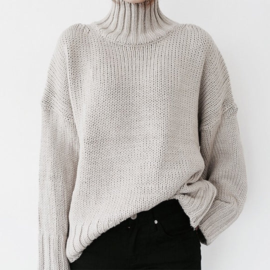 Damen Grobstrickpullover mit hohem Kragen und lässigem Schnitt EB