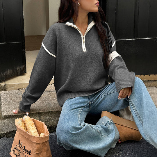 Damen nan oversized Strickpullover mit halbem Reißverschluss, Kontrastpaspeln und überschnittener Schulter EB