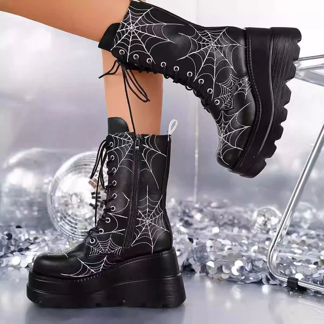 Damen High-Top Stiefel mit modischem Spinnen-Netz-Design und komfortabler Plateausohle EB