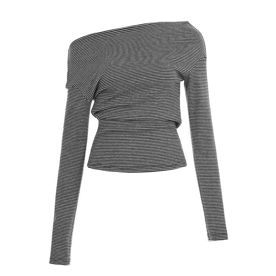 Damen nan asymmetrisches Off-Shoulder Langarmshirt mit taillierter Raffung und schmaler Stretch-Passform EB