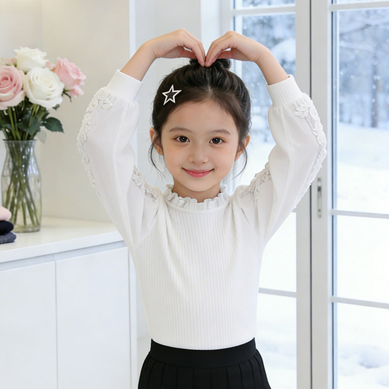Mädchen elegante Bluse mit Rüschen und bestickten Ärmeln EB