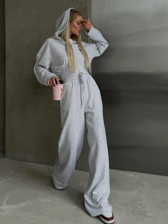 Damen nan zweiteiliges Cropped Hoodie-Set mit weitem Bundhose-Schnitt und tailliertem Reißverschluss EB