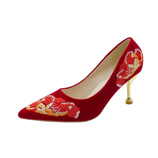 Damen Spitzen-Pumps mit floralem Stickdesign und elegantem goldfarbenen Absatz EB
