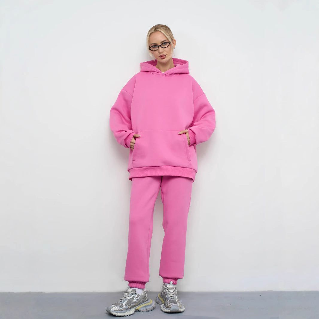 Damen lässiges Kapuzen-Sweatset aus schwerer Baumwollfleece mit Kängurutasche und gerader Jogginghose EB