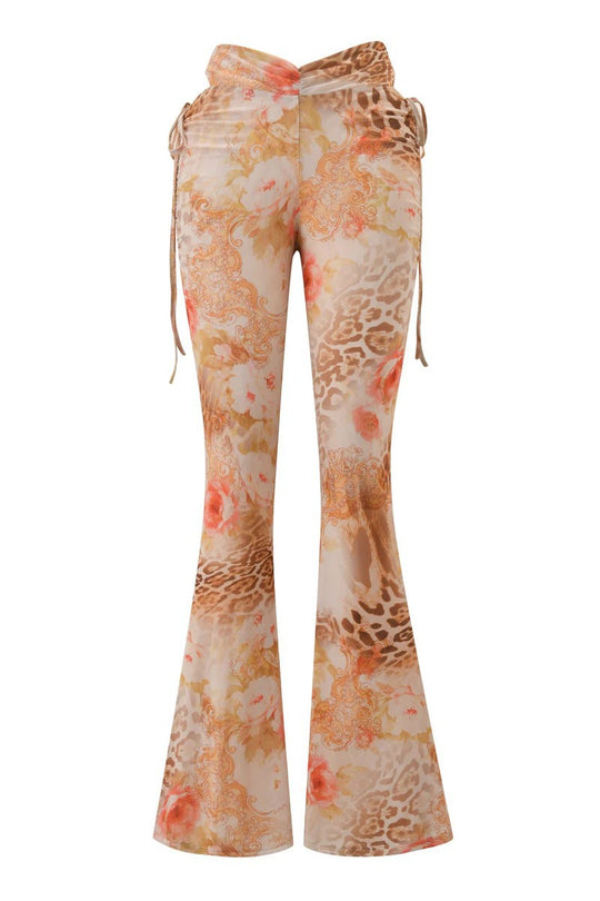 Damen Flared Pants mit floralem und animalischem Muster EB