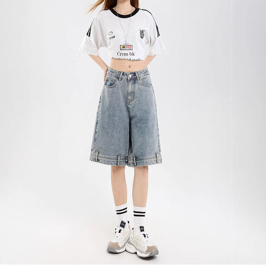 Damen klassische Denim-Shorts mit weitem Bein EB