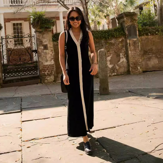 Damen Elegantes Maxikleid mit modernem V-Ausschnitt und asymmetrischem Saum EB