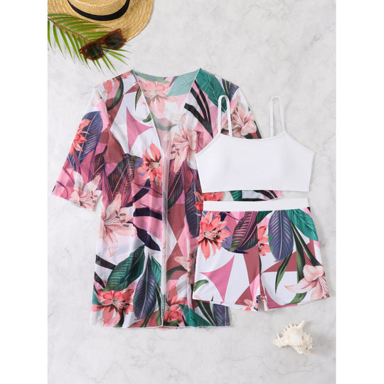 Damen Strandset mit floralem Kimono, Oberteil und Shorts EB