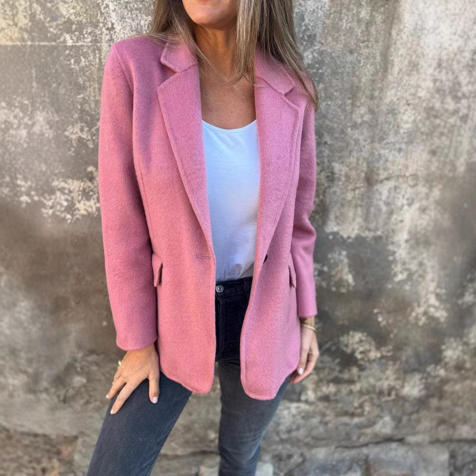 Damen taillierter Bouclé-Blazer mit fallendem Revers und Ein-Knopf-Detail EB